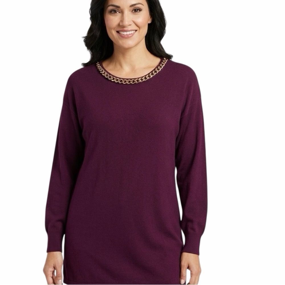 Adrienne Vittadini Women's Burgundy Sweater Gold Chain Accent Size L
